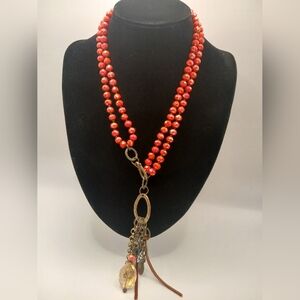 Beautiful Vintage Brass Tone Coral Color Hand Knotted Tassle Necklace 23" Long